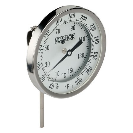 NOSHOK 3" Bimetal Thermometer, 1/2" NPT Back Conn, 4" Stem Length, 0/250 F/C, .250" Diameter 30-310-040-0/250-F/C